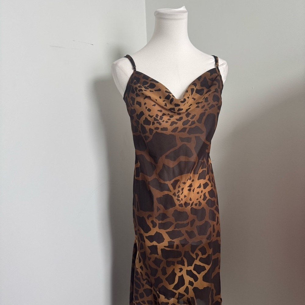 Y2K Leopard Slip Dress – Cowl Neck • Sheer Midi • 90s Vintage Vibes - Picture 3 of 5